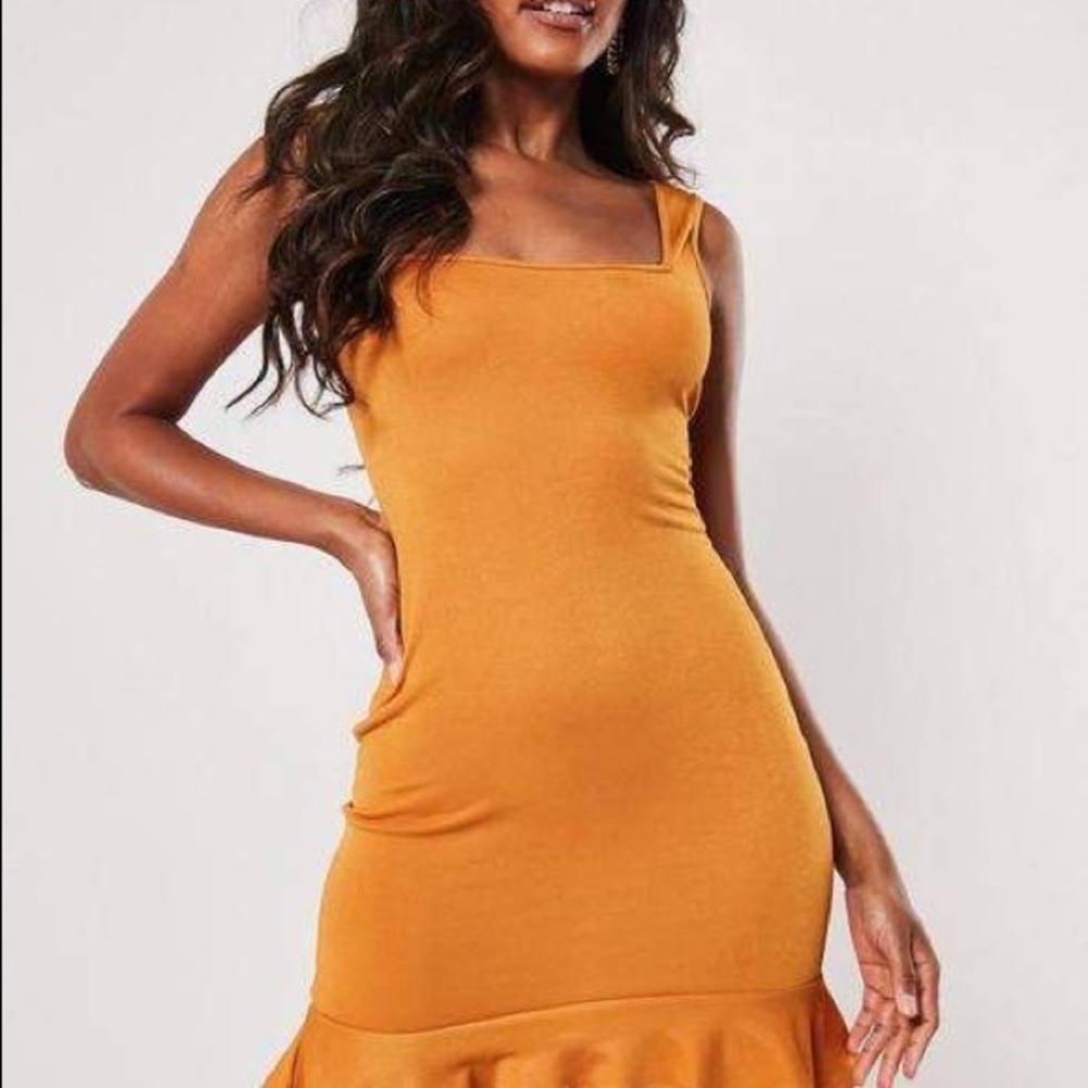 NWT Missguided Mustard SquareNeck Ruffle Bodycon Dress